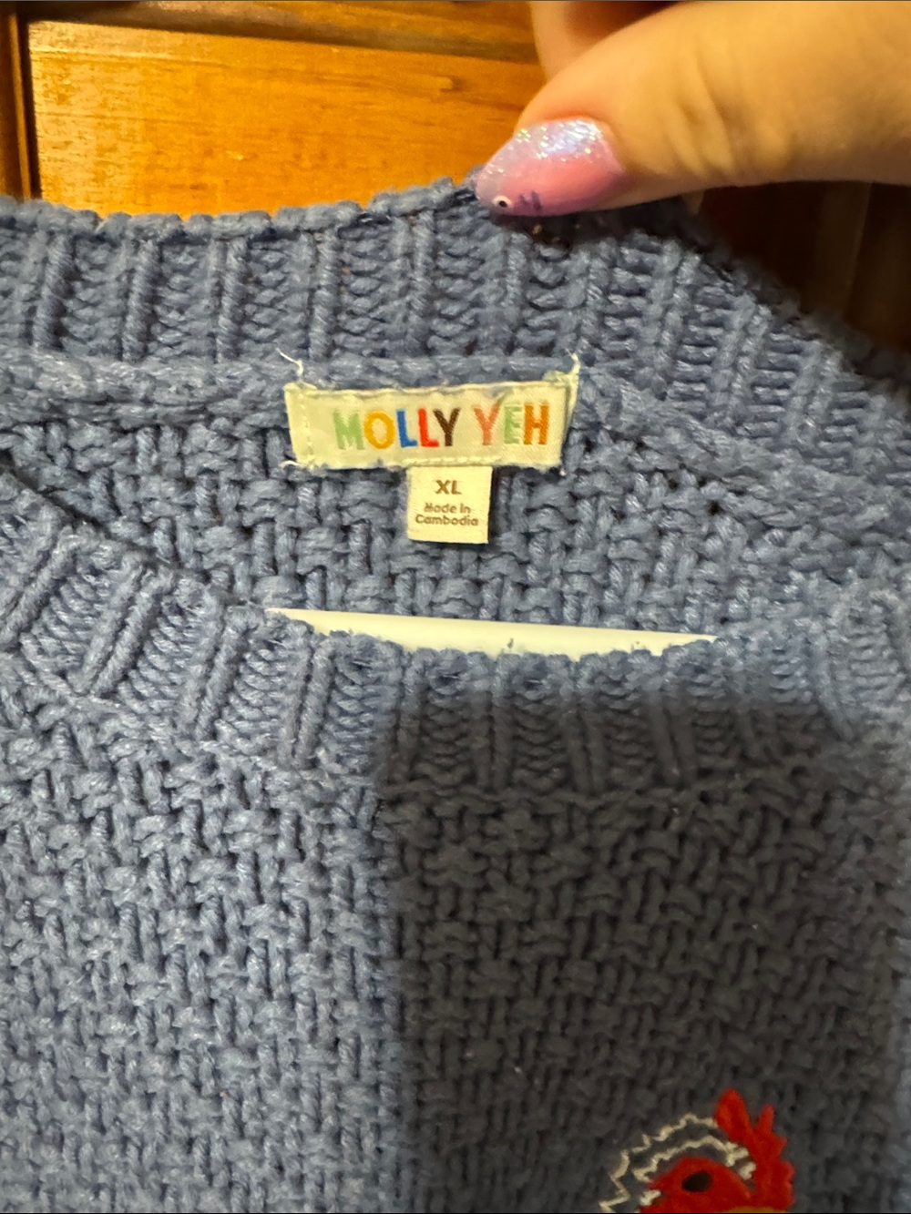 Women’s Blue Chunky Knit Sweater with Embroidered Chicken - Picture 3 of 3
